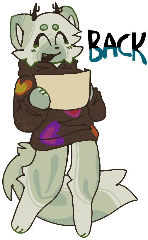 Agaric, my fursona, holding a piece of paper with the back button on it